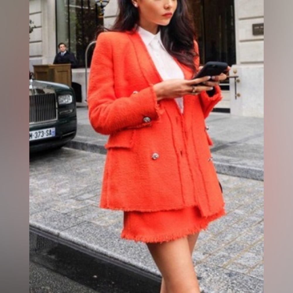 Zara Tweed Weave Jeweled Buttons Blazer Jacket Orange Size XS NEW - Picture 10 of 15